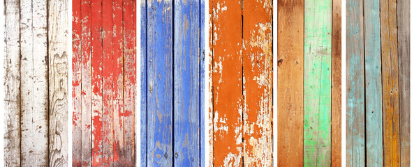 Collection of vertical or horizontal banners with wood textures of red, yellow, green, light blue, white, brown colors
