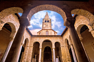 Euphrasian Basilica in Porec arcades and tower view, UNESCO world heritage site in Istria, Croatia