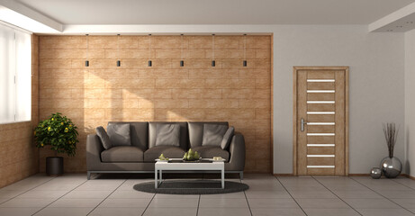 Modern living room with wooden walls, brown sofa and closed door - 3d rendering