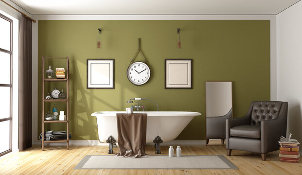 Green bathroom with retro bathtub - 3d rendering