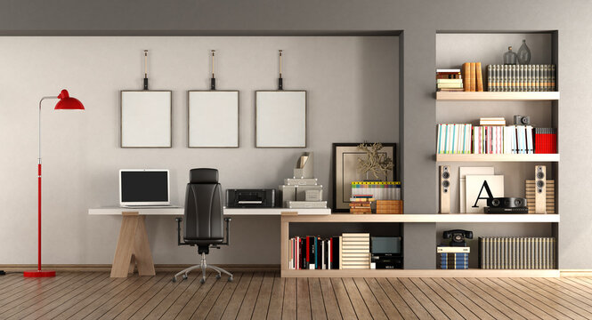 Modern home workplace with desk and bookcase - 3d rendering
