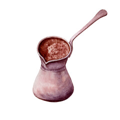 Turk for coffee. Coffee maker, hand-drawn in watercolor. Vintage coffee maker for stylish design. Coffee bubbles, boiling hot coffee.