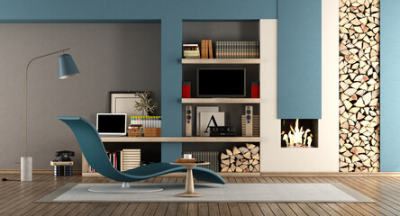 Blue and brown living room with fireplace,chaise lounge and tv set - 3d rendering