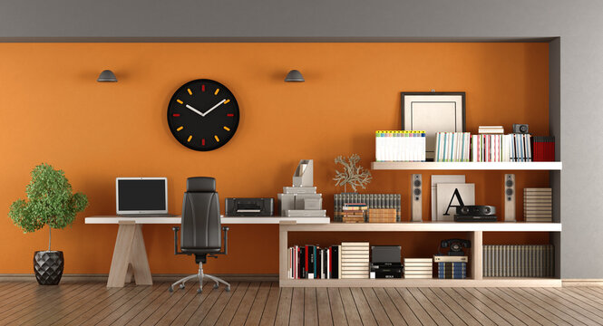Modern home workplace with desk , bookcase and orange wall - 3d rendering