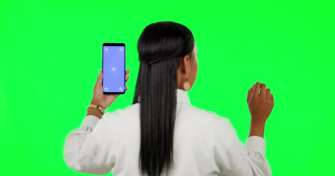 Futuristic, green screen and woman pressing with phone in on digital screen for business logo or information transfer. Hologram, technology and back of employee working on future 3d mobile