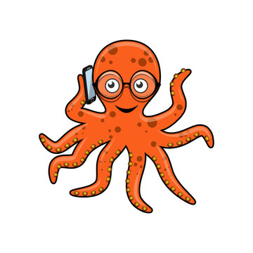 Illustration of octopus with mobile phone on white background.
