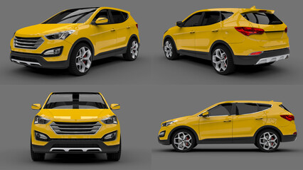 Set compact city crossover yellow color on a gray background. 3d rendering