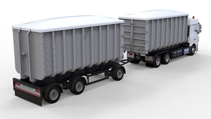 Large white truck with separate trailer, for transportation of agricultural and building bulk materials and products. 3d rendering