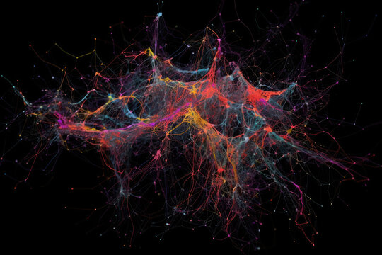 an abstract network with many different colored lines and dots on black background stock photo - 1290971