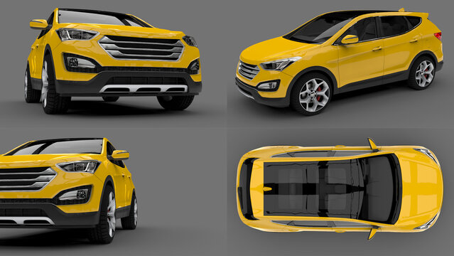 Set compact city crossover yellow color on a gray background. 3d rendering © Designpics