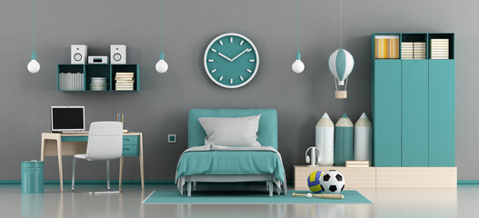 Blue and gray kids room with bed and desk - 3d rendering