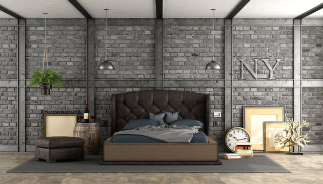 Retro master bedroom with elegant bed , vintage objects and brick wall - 3d rendering