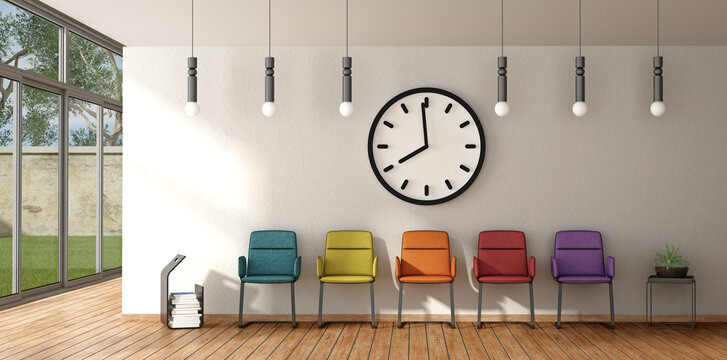 Waiting room with colorful chairs on white wall with big clock - 3d rendering