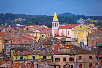 Town of Porec rooftops and coastline view, Istria region of Croatia