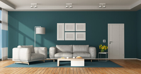 Blue and white modern living room with leather sofa, armchair and closed door - 3d rendering