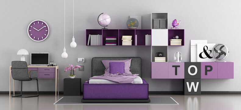 Purple bedroom for girl with bed,desk and bookcase - 3d rendering