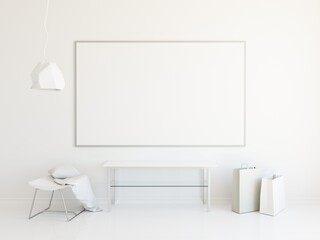 Interior mockup illustration, 3d render of scandinavian style room, white blank frame and furniture