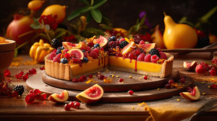 some fruit and cheese on a wooden cutting board next to a bowl of berries, pears, and oranges