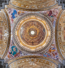 Fototapeta na wymiar NAPLES, ITALY - APRIL 20, 2023: The frescoes in the cupola and nave in church Basilica di Santa Maria degli Angeli a Pizzofalcone by Giovan Battista Beinaschi (1668 - 1675). 