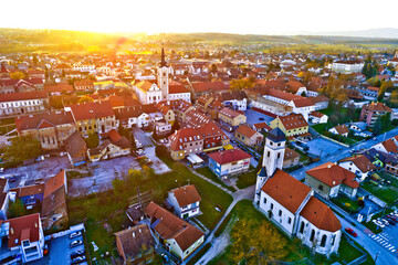 Colorful sunset above medieval town of Krizevci aerial view, Prigorje region of Croatia