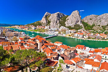 Naklejka na ściany i meble Town of Omis and Cetina river mouth panoramic view, Dalmatia region of Croatia