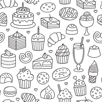 Seamless pattern of Desserts and sweets doodle. Candies, chocolate, cakes, donut, ice cream in sketch style. Hand drawn vector illustration