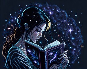 girl reading a book with magic stars and magical magic book, vector illustration 