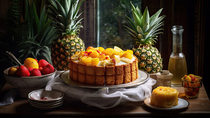 pineapples and other fruit on a table with two bowls of fruit in the middle, one bowl filled with strawberries
