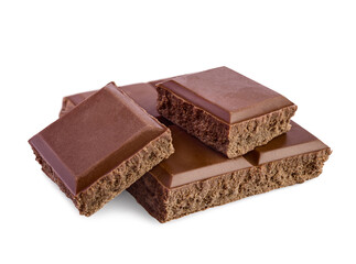broken pieces of chocolate bar isolated on white