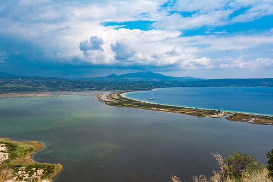 View of Divari Beach and the Divari lagoon in the Peloponnese region of Greece, from the Palaiokastro (old Navarino Castle).