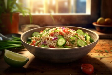 Delicious rice salad bowl filled with a colorful array of fresh vegetables, herbs, and grains, highlighting the healthy and nutritious aspects of a balanced meal. Generative AI