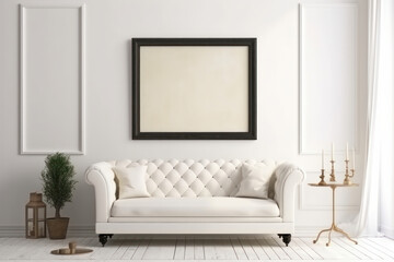 Fototapeta na wymiar Minimalist design and natural light highlight this cozy living room with a comfortable white couch, perfect for relaxation and comfort. AI Generative.