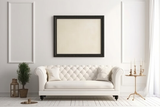 Minimalist design and natural light highlight this cozy living room with a comfortable white couch, perfect for relaxation and comfort. AI Generative.