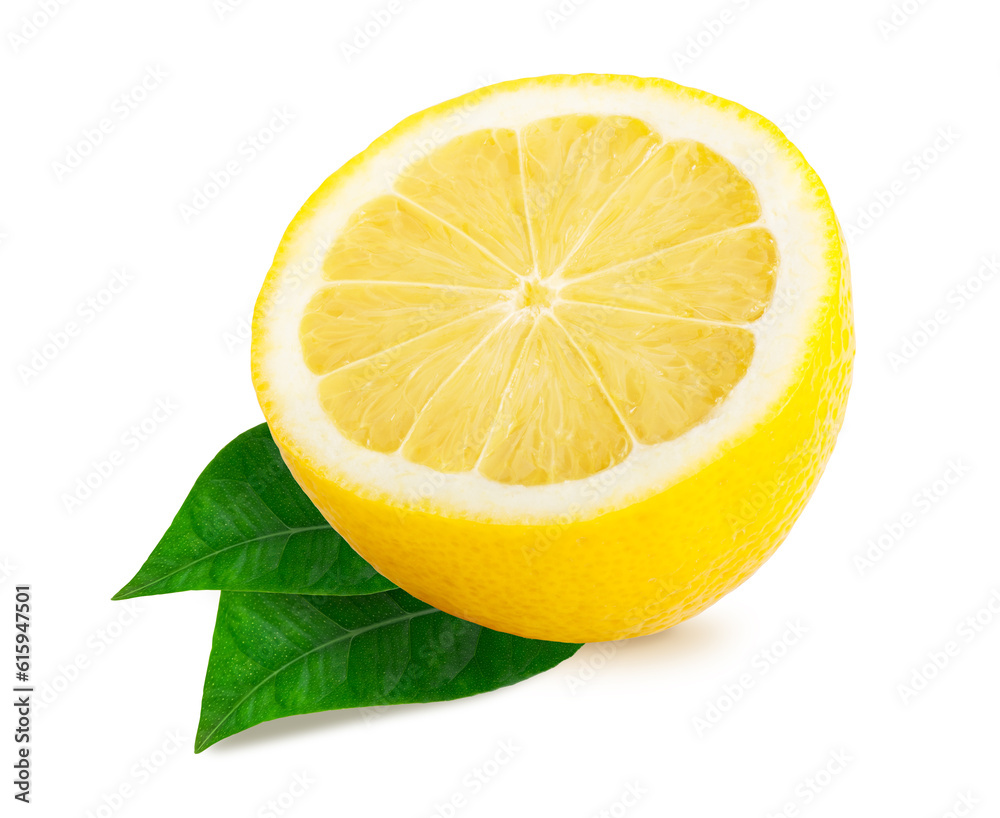 Sticker single half lemon citrus fruit with leaves isolated on white background. clipping path included