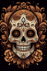 La Catrina dia de muertos Skull. Bemalter Schädel in braun. Tag der Toten in Mexico. Hochkant. Hochformat. Generative Ai.