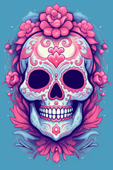 Fototapeta premium La Catrina dia de muertos Skull. Bemalter Schädel in rosa blau. Tag der Toten in Mexico. Hochkant. Hochformat. Generative Ai.