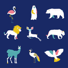 Animals set. Wild animal collection isolated. Flamingo, humster, bear, lion, doe, pantera, llama, peacock, bird © Veranika