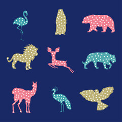 Animals set. Wild animal collection isolated.  Flamingo, humster, bear, lion, doe, pantera, llama, peacock, bird © Veranika