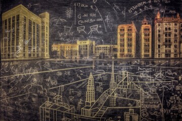 Fototapeta premium An close - up shot of a chalkboard, where mathematical formulas evolve into a detailed cityscape drawing. Generative AI