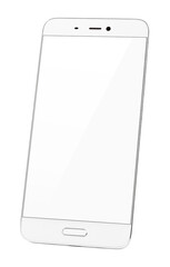 Modern white smartphone with empty white screen isolated on white background. Smart phone with clipping path