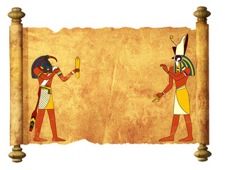 Old parchment with Egyptian gods images Toth and Horus. Mock up template. Copy space for text....