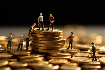 A group of miniature people climbing up a pile of coins. Journey of achieving business growth in a competitive market.  Generative AI - obrazy, fototapety, plakaty