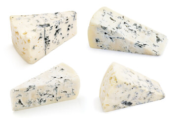 Set of wedges of soft blue cheeses with mold isolated on white background. Blue cheese slices with clipping path