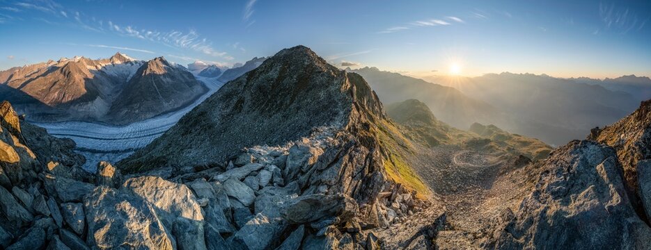View of Eggishorn mountain at sunrise with Aletsch Glacier (Aletschgletscher) on the left, Switzerland
