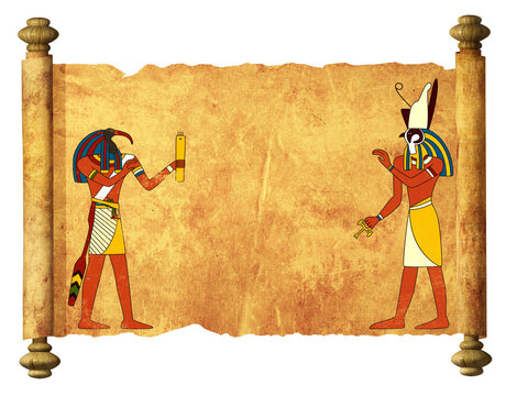 Old parchment with Egyptian gods images Toth and Horus. Mock up template. Copy space for text. Isolated on white background. 3d render