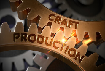 Craft Production on the Mechanism of Golden Metallic Cogwheels with Lens Flare. Craft Production - Technical Design. 3D Rendering.
