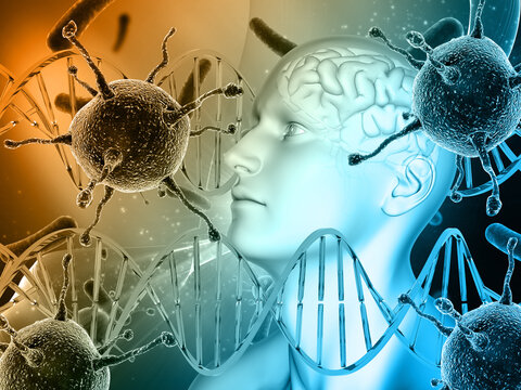 3D render of a medical background with male head, brain with virus cells and DNA strands