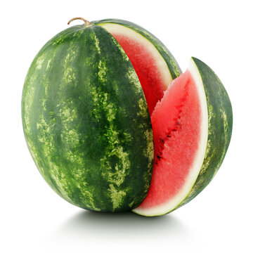 Ripe watermelon with cut slice isolated on white background with clipping path