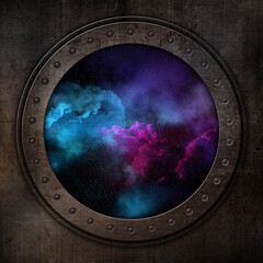 3D render of a porthole looking out to a space sky