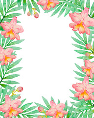 Fototapeta na wymiar Floral frame with pink watercolor orchids and green palm branch. Hand drawn tropical background